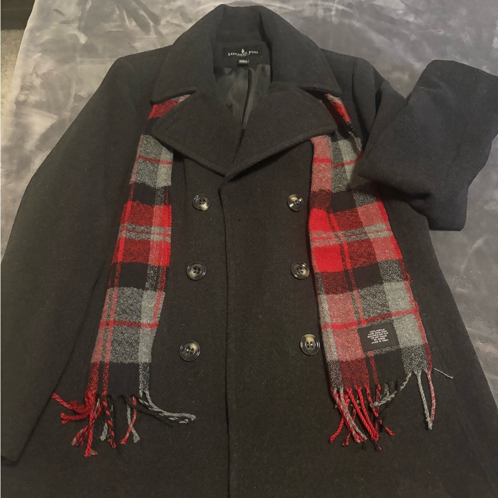 London Fog Black Double-Breasted Pea Coat with Red Plaid Scarf